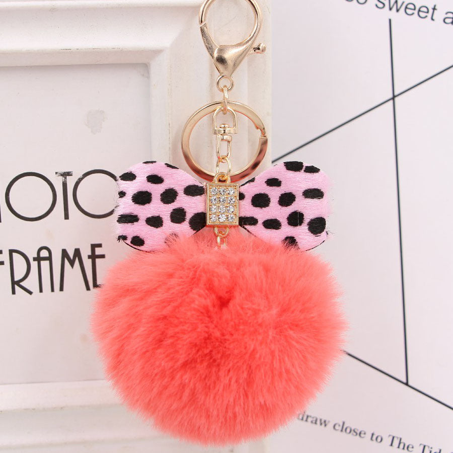 Leopard Print Bow Imitation Rex Rabbit Fur Ball Alloy Pom Pom Keychain MIC-Zuge010