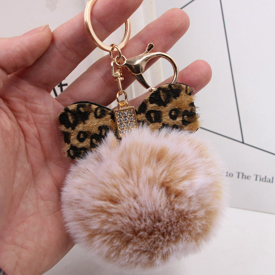 Leopard Print Bow Imitation Rex Rabbit Fur Ball Alloy Pom Pom Keychain MIC-Zuge010