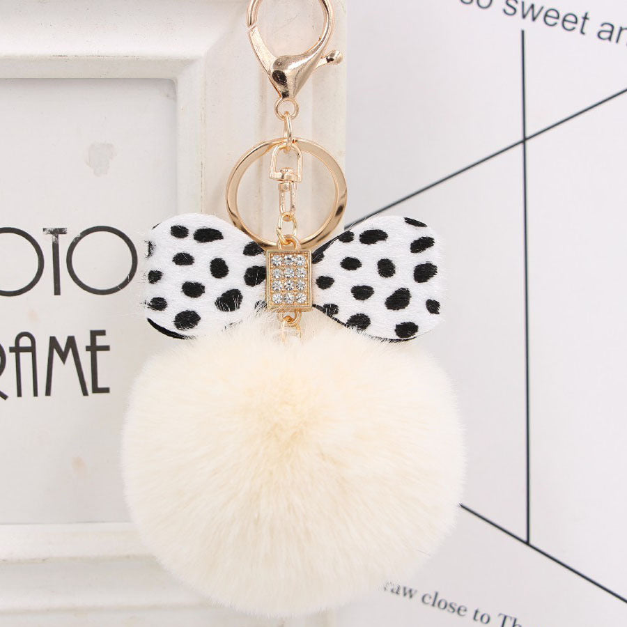 Leopard Print Bow Imitation Rex Rabbit Fur Ball Alloy Pom Pom Keychain MIC-Zuge010