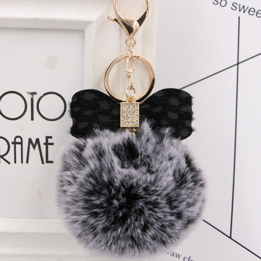 Leopard Print Bow Imitation Rex Rabbit Fur Ball Alloy Pom Pom Keychain MIC-Zuge010