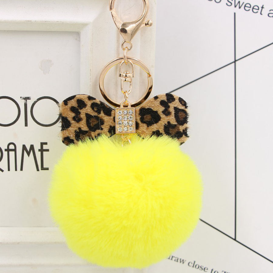 Leopard Print Bow Imitation Rex Rabbit Fur Ball Alloy Pom Pom Keychain MIC-Zuge010