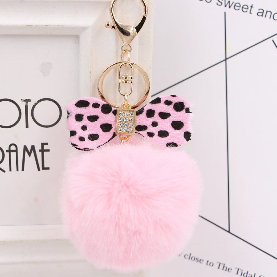 Leopard Print Bow Imitation Rex Rabbit Fur Ball Alloy Pom Pom Keychain MIC-Zuge010