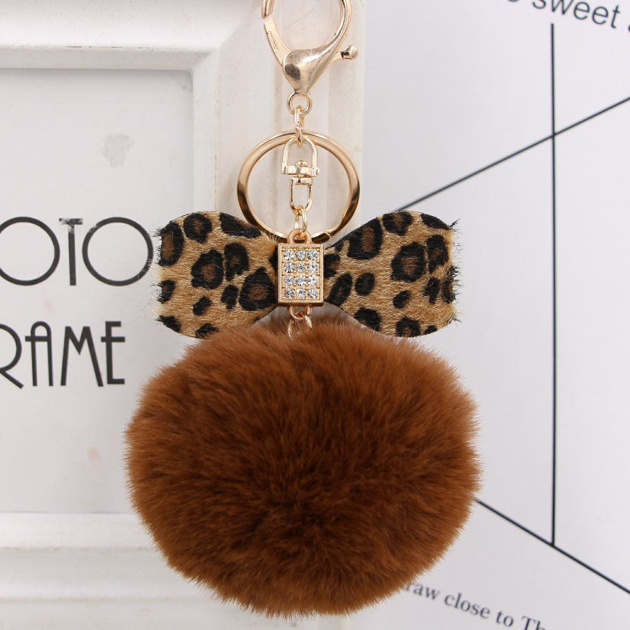 Leopard Print Bow Imitation Rex Rabbit Fur Ball Alloy Pom Pom Keychain MIC-Zuge010