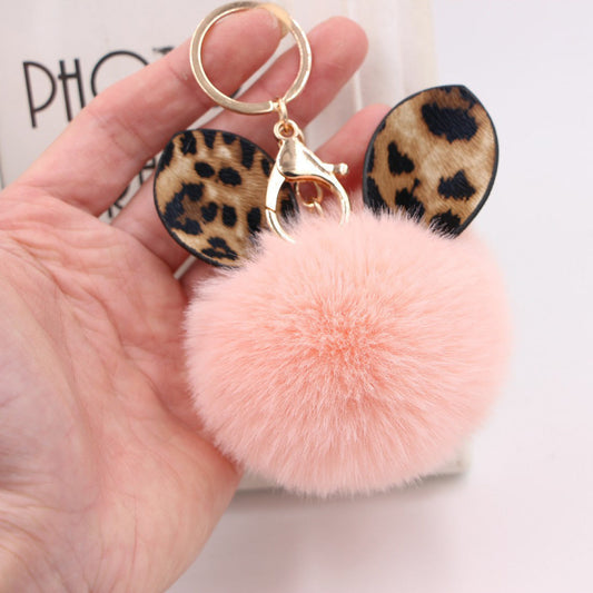 Leopard Print Rabbit Ears Imitation Rex Rabbit Fur Ball Pom Pom Keychain MIC-Zuge007