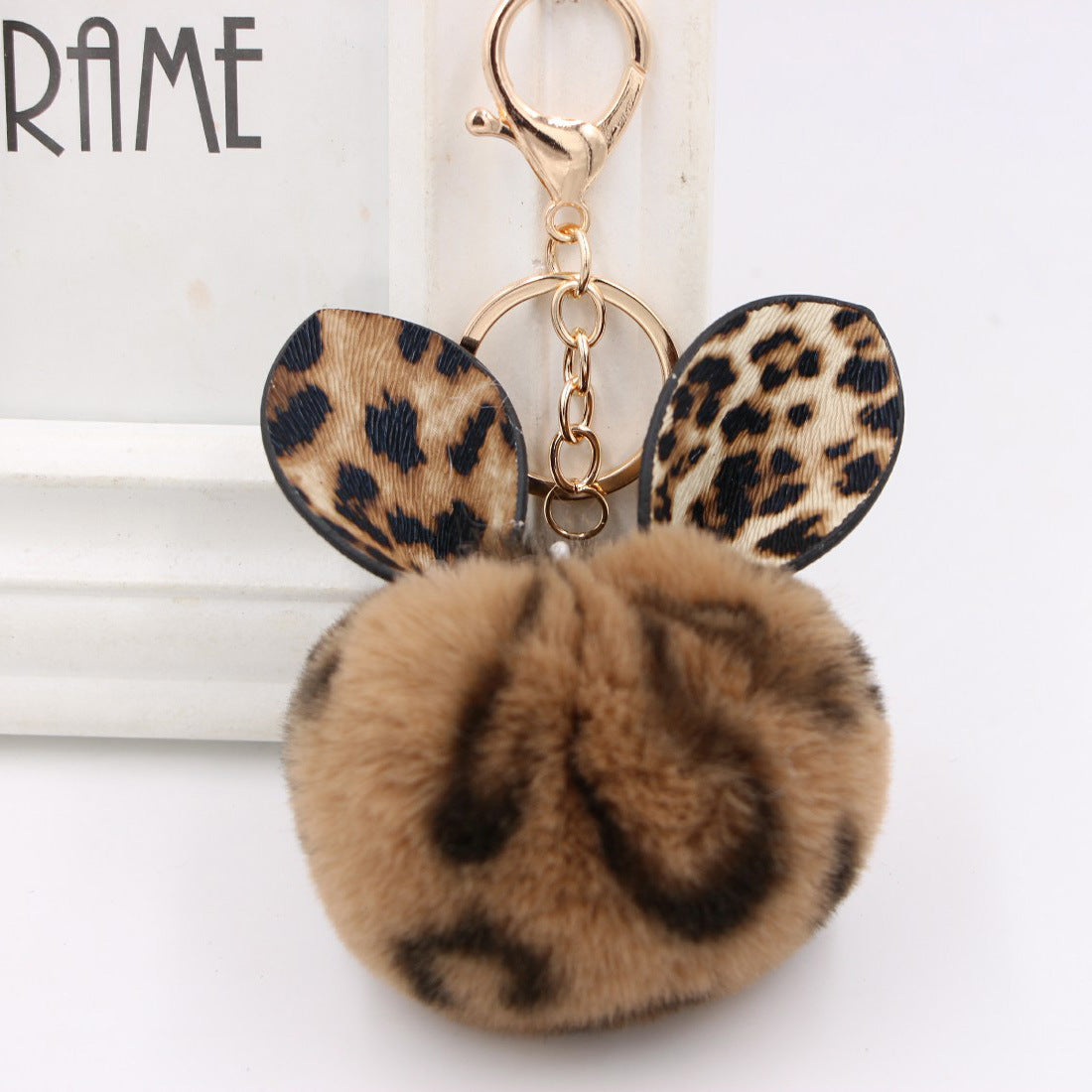 Leopard Print Rabbit Ears Imitation Rex Rabbit Fur Ball Pom Pom Keychain MIC-Zuge007