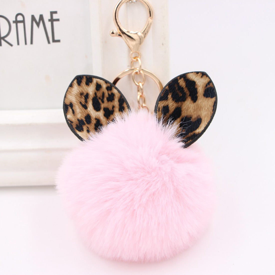 Leopard Print Rabbit Ears Imitation Rex Rabbit Fur Ball Pom Pom Keychain MIC-Zuge007