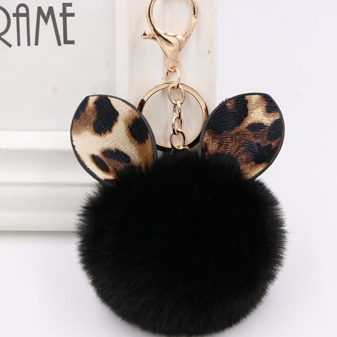 Leopard Print Rabbit Ears Imitation Rex Rabbit Fur Ball Pom Pom Keychain MIC-Zuge007