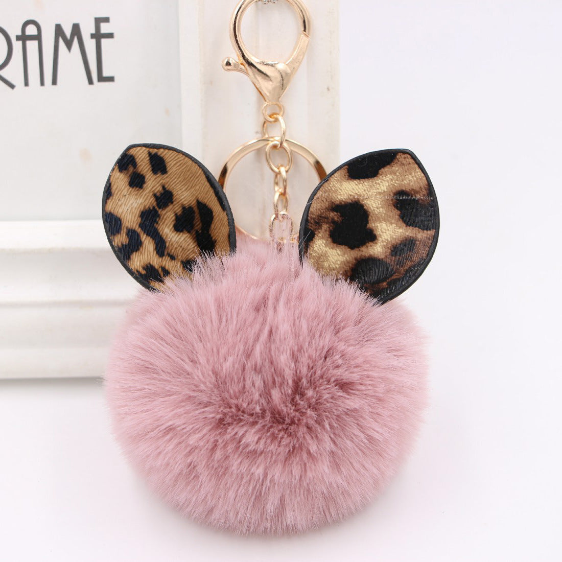 Leopard Print Rabbit Ears Imitation Rex Rabbit Fur Ball Pom Pom Keychain MIC-Zuge007