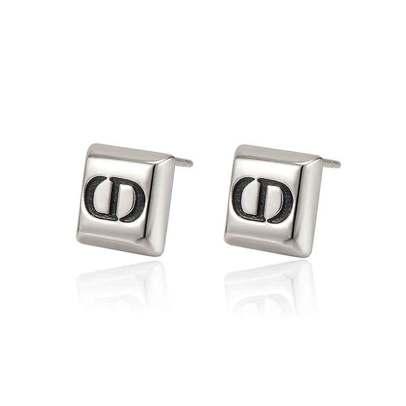 S925 Sterling Silver Retro 3D CD Letter Earrings US-YHG006