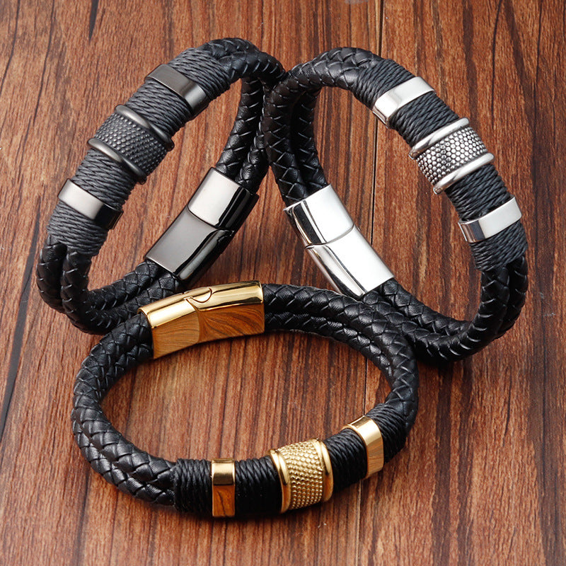 Bracelet Stainless Steel Genuine Leather Vintage Double Weave OuSD007