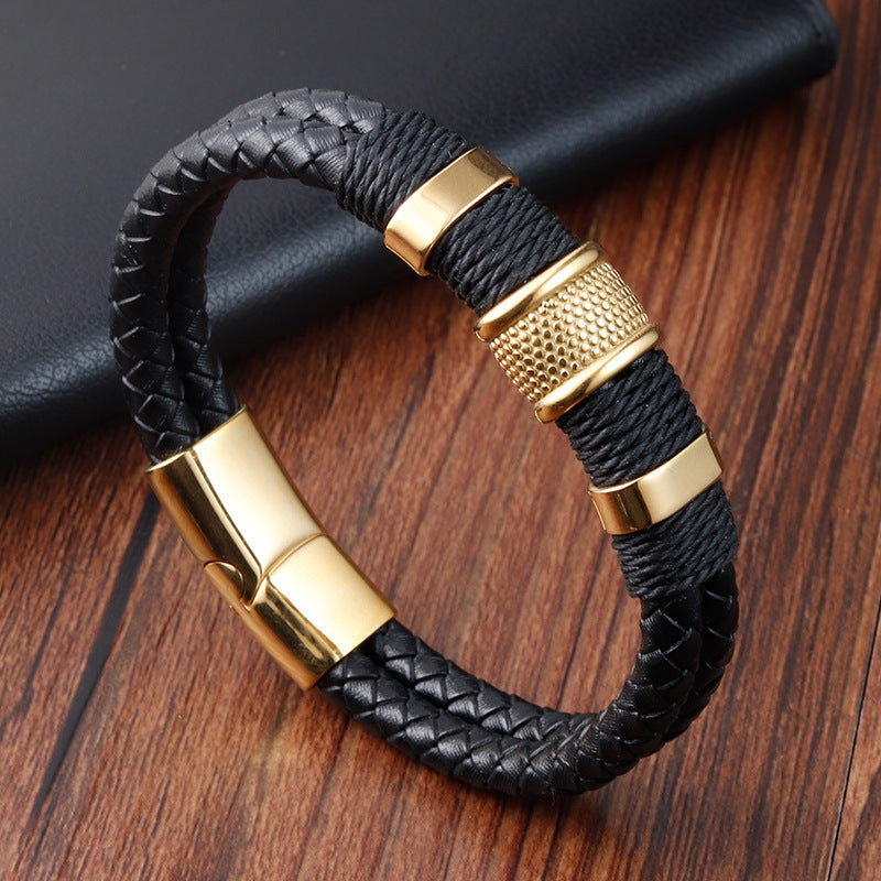 Bracelet Stainless Steel Genuine Leather Vintage Double Weave OuSD007