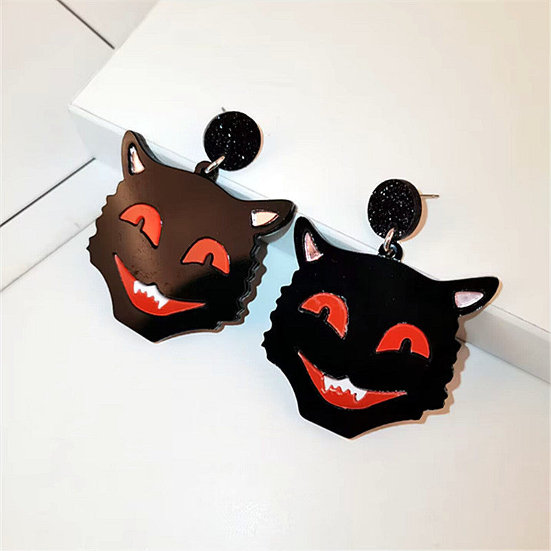 Acrylic Black Cat Witch Skull Ghost Head Earrings MIC-ChouD030