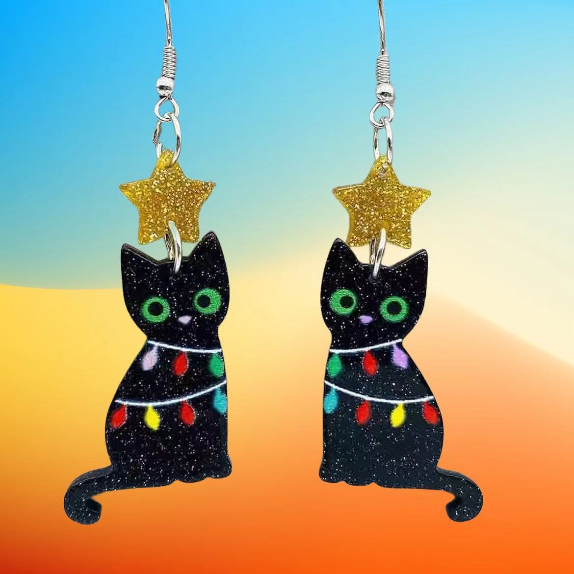 Acrylic Christmas tree lights, black cat earrings (Minimo de compra 2) MYA-AnD015