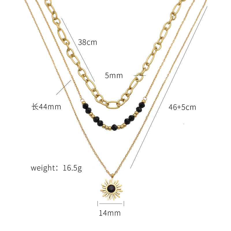 Stainless steel gold-plated three-layer black rice bead sun necklace MYA-XuanJ035