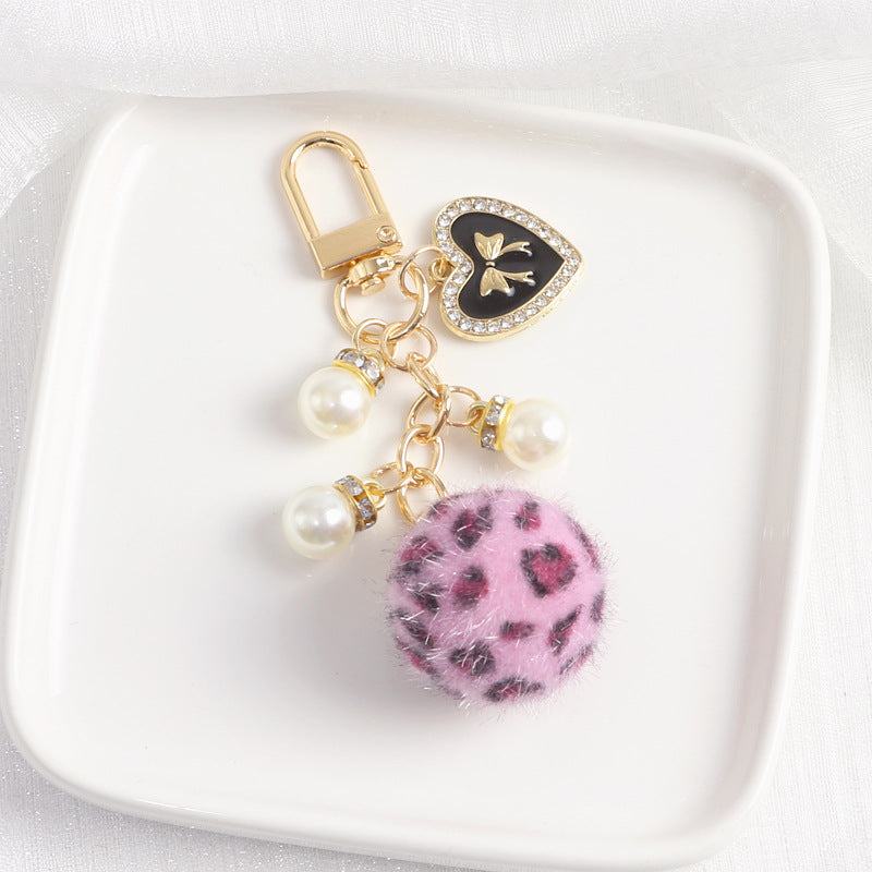 Keychains Plush Alloy Leopard Print Fur Ball Bag Pendant Love Pearl MIC-YChen008