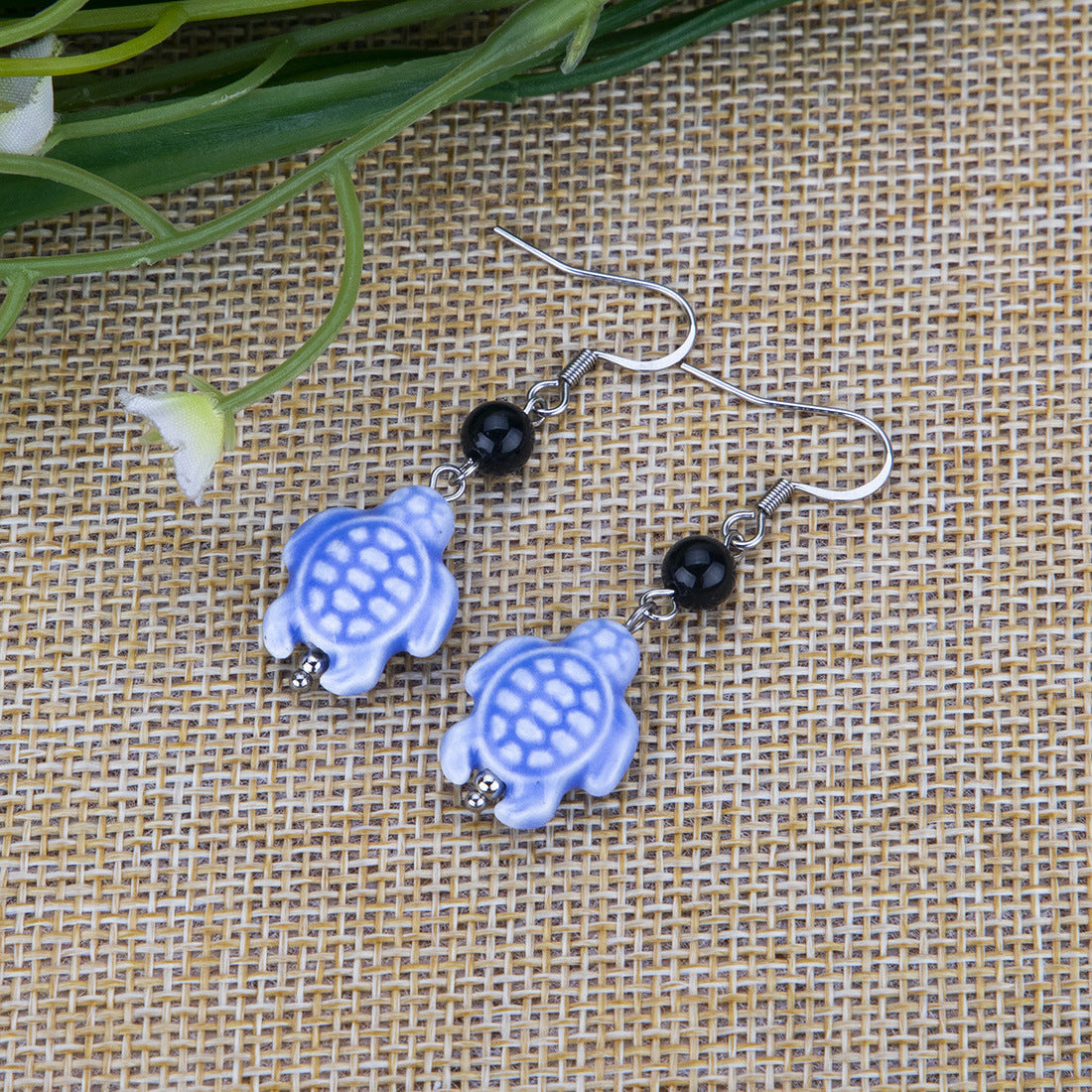 Earrings Black Onyx Ceramic Animal Turtle Stainless Steel YinW001