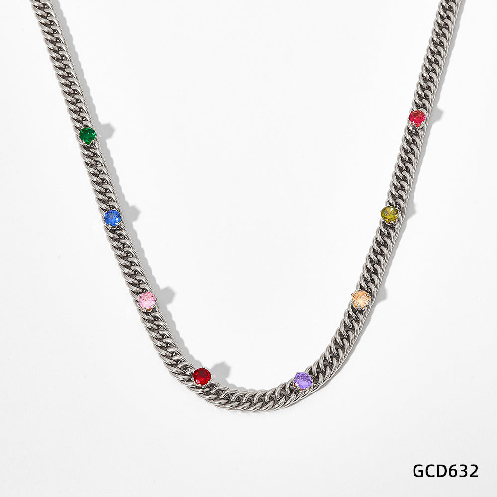 Cuban Inlaid Colored Zircon Stainless Steel Gold Plated Necklace