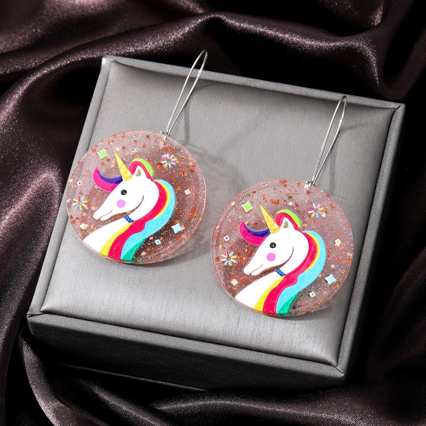 Alloy Round Unicorn Earrings (Minimo de Compra 3) MIC-JueJ017