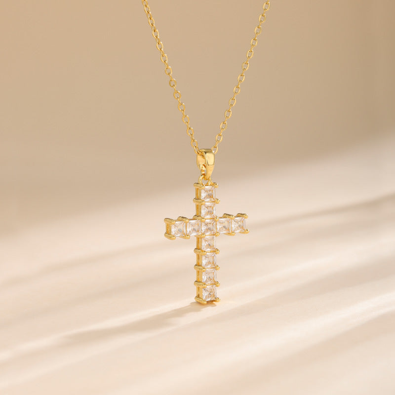 Stainless steel diamond studded cross necklace MYA-QingR014