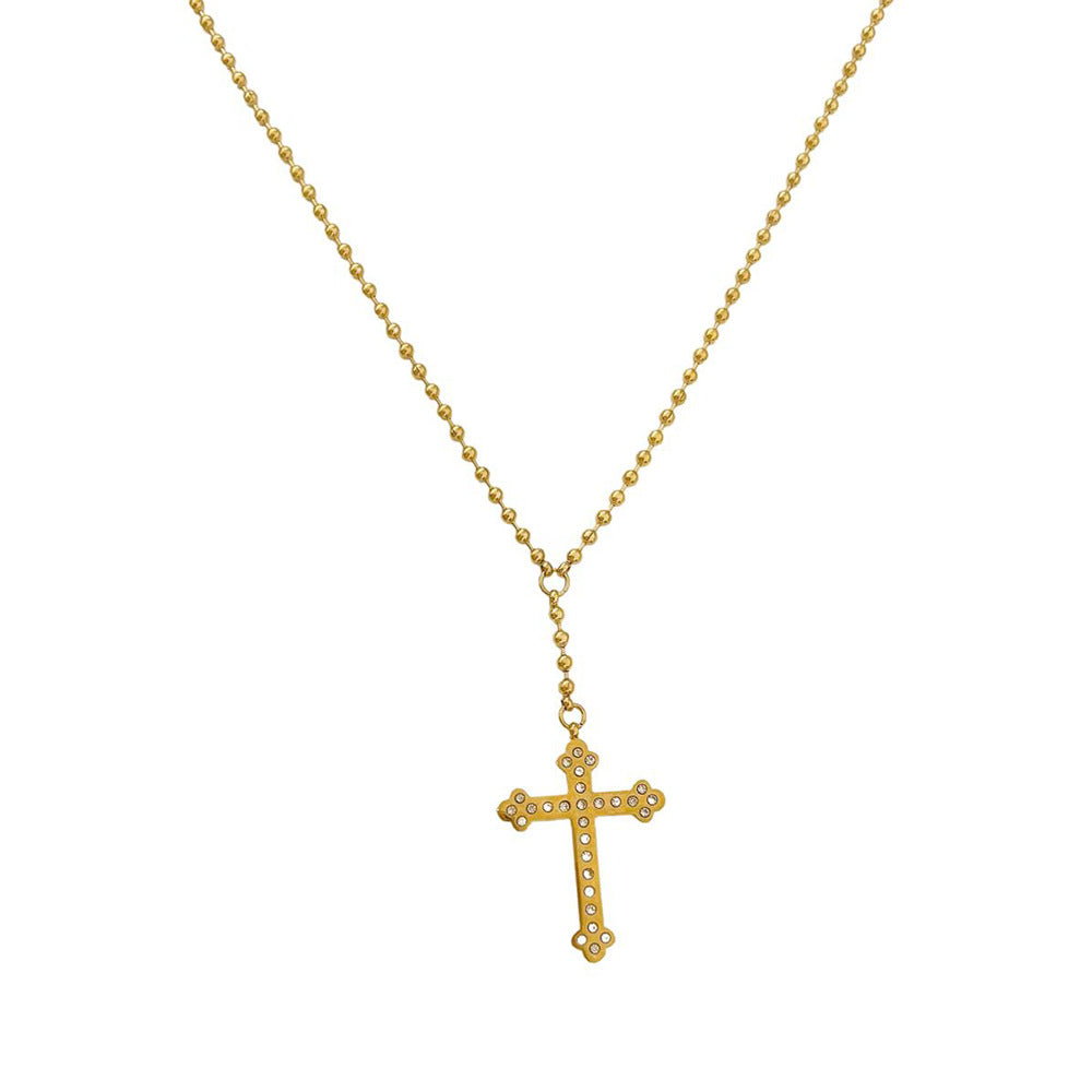 Stainless Steel Gold Plated Cross Diamond Clavicle Necklace