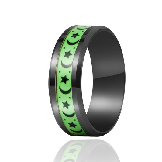 Ring Stainless Steel Green Star Moon Luminous XinF005