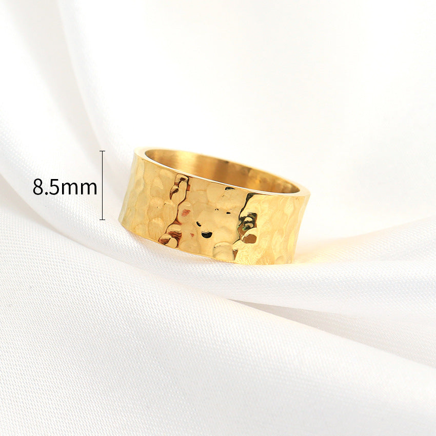 Stainless Steel Embossed Flat Hammered Gold Plated Ring MIC-MNS003