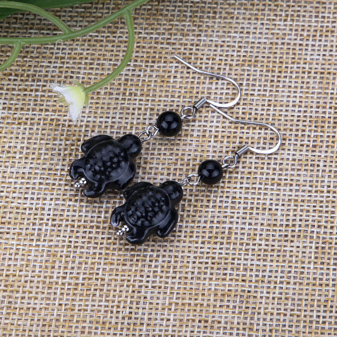 Earrings Black Onyx Ceramic Animal Turtle Stainless Steel YinW001