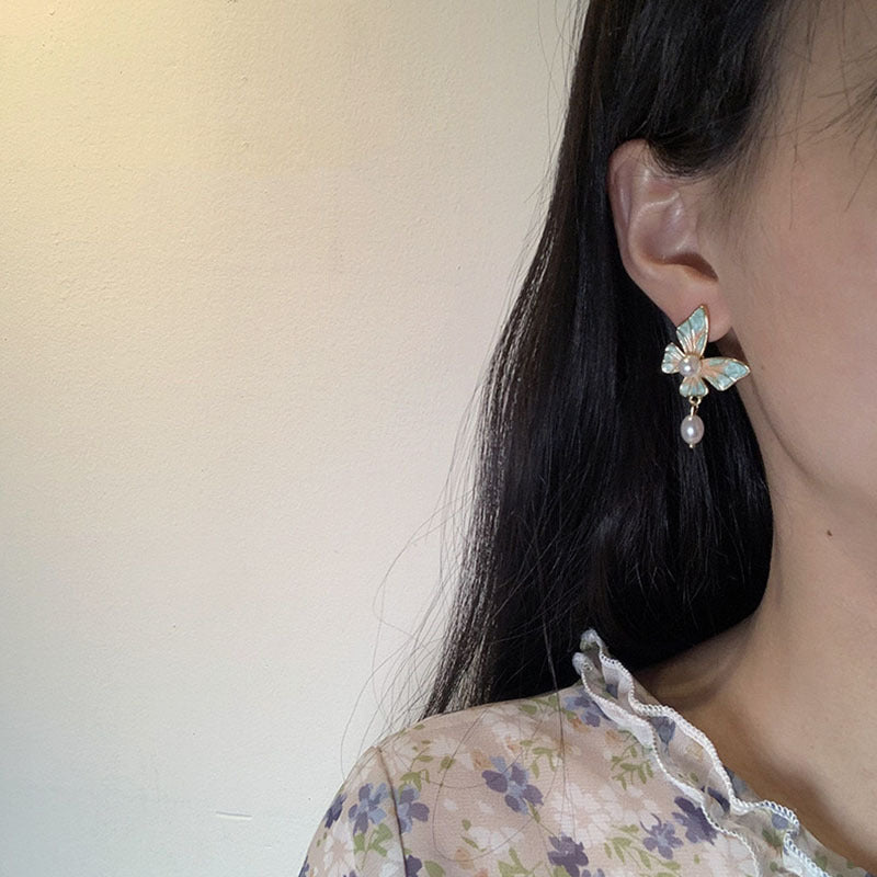 Alloy Pink Green Butterfly Pearl Earrings MIC-XinXu024