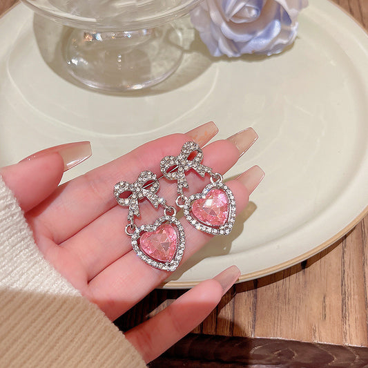 Alloy Pink Zircon Heart Earrings MIC-HanJ012