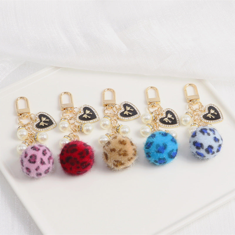 Keychains Plush Alloy Leopard Print Fur Ball Bag Pendant Love Pearl MIC-YChen008