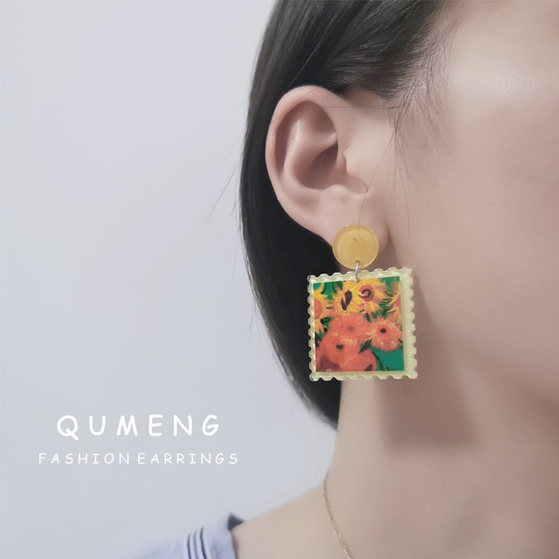 Acrylic Sunflower Oil Painting Earrings (Minimo de Compra 2) MYA-QingM030