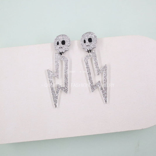 Earrings Halloween Lightning Acrylic Silver Glitter Skull Minimo de compra 2 MOSHU032