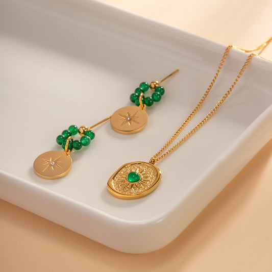 Stainless Steel Gold Plated Green Gemstone Necklace MIC-JieD011