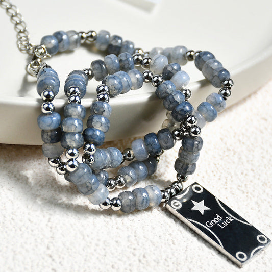 Necklace Burst Stone Crack Crystal Vintage Beaded Stainless Steel Sweater Chain YouF014