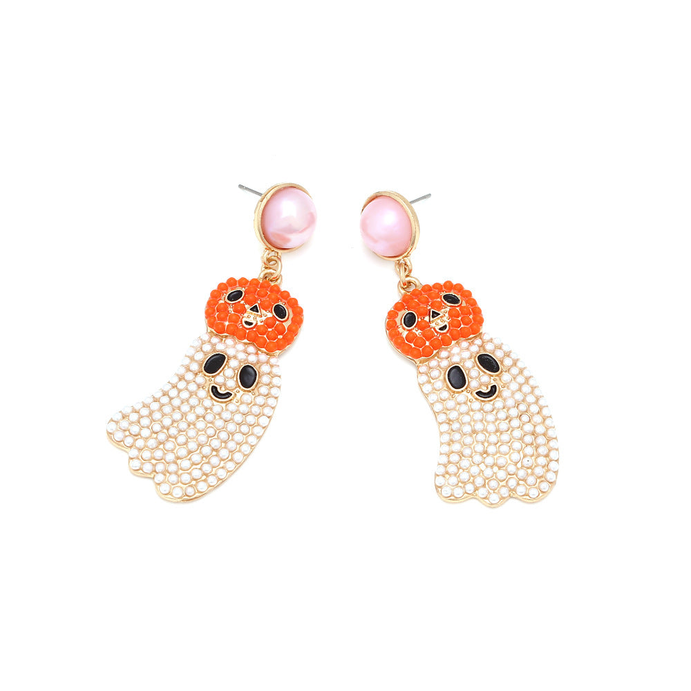 Alloy inlaid imitation pearl pumpkin ghost earrings MIC-ManY048