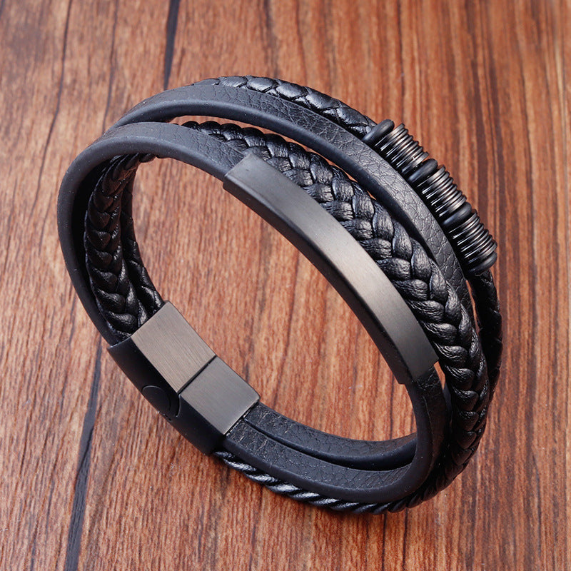 Bracelet Stainless Steel Leather Woven Multi Layer OuSD002