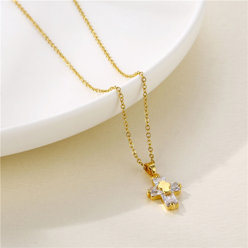 Stainless Steel Cross MYAro-paved Zirconia Necklace