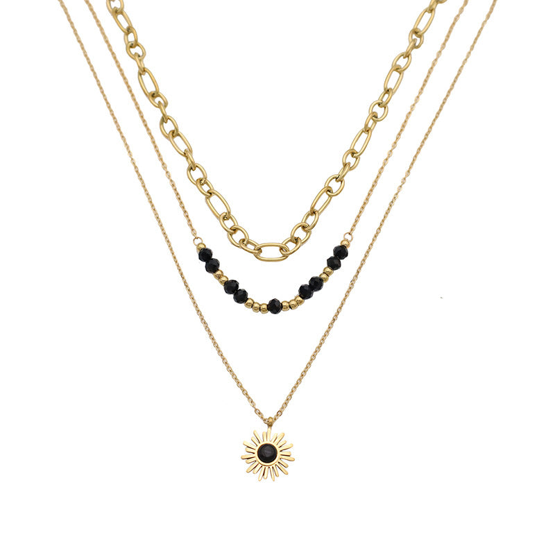 Stainless steel gold-plated three-layer black rice bead sun necklace MYA-XuanJ035