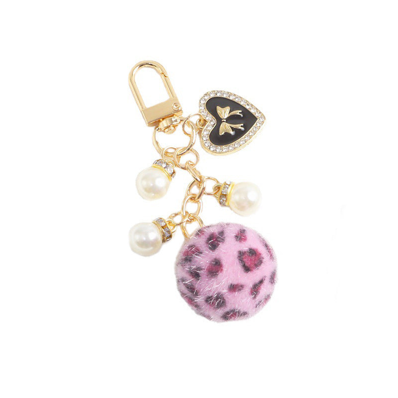 Keychains Plush Alloy Leopard Print Fur Ball Bag Pendant Love Pearl MIC-YChen008