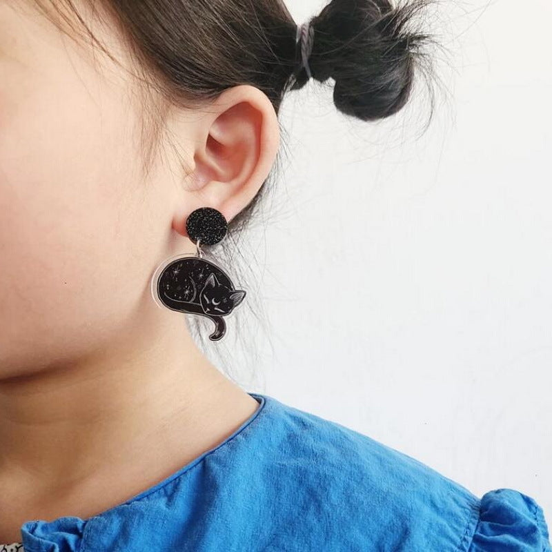 Acrylic Crescent Black Cat Earrings MIC-XueP158