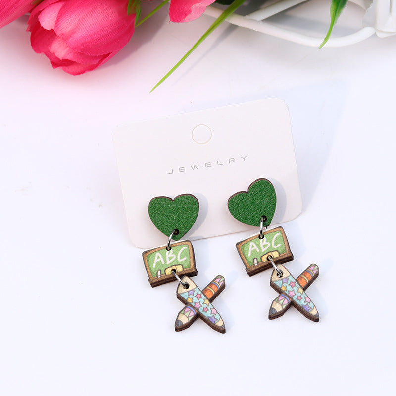 Teacher's Day Pen Stripe Heart Wood Ear Studs