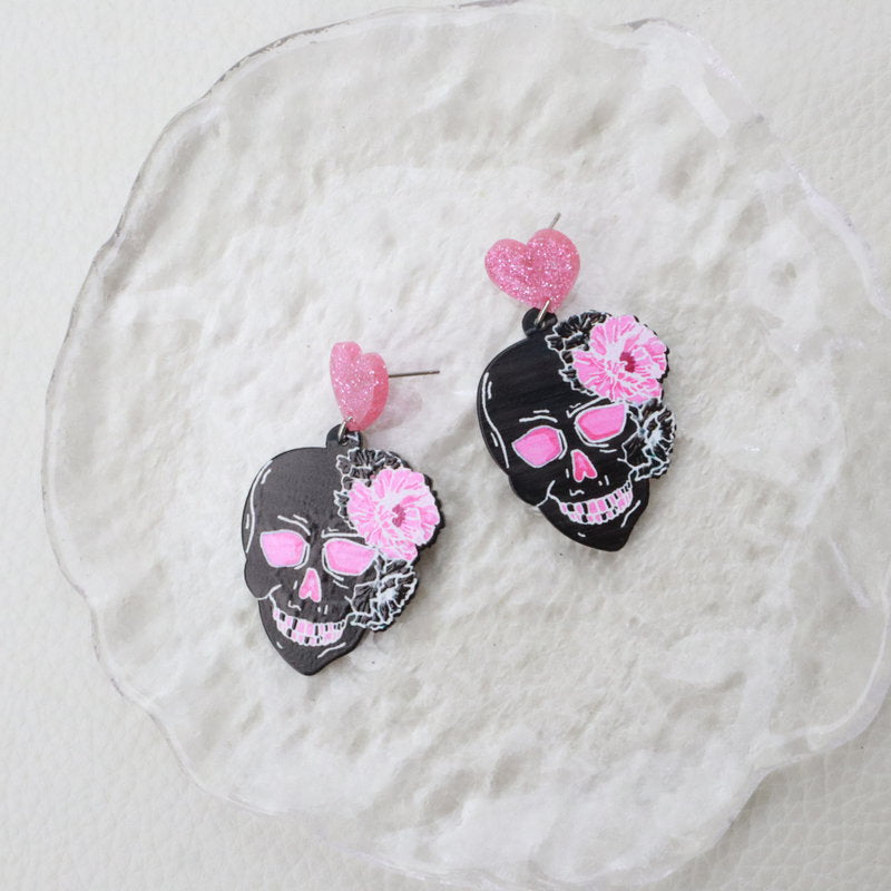 acrylic pink skull earrings carved graffiti heart Minimo de compra 2 MOSHU009