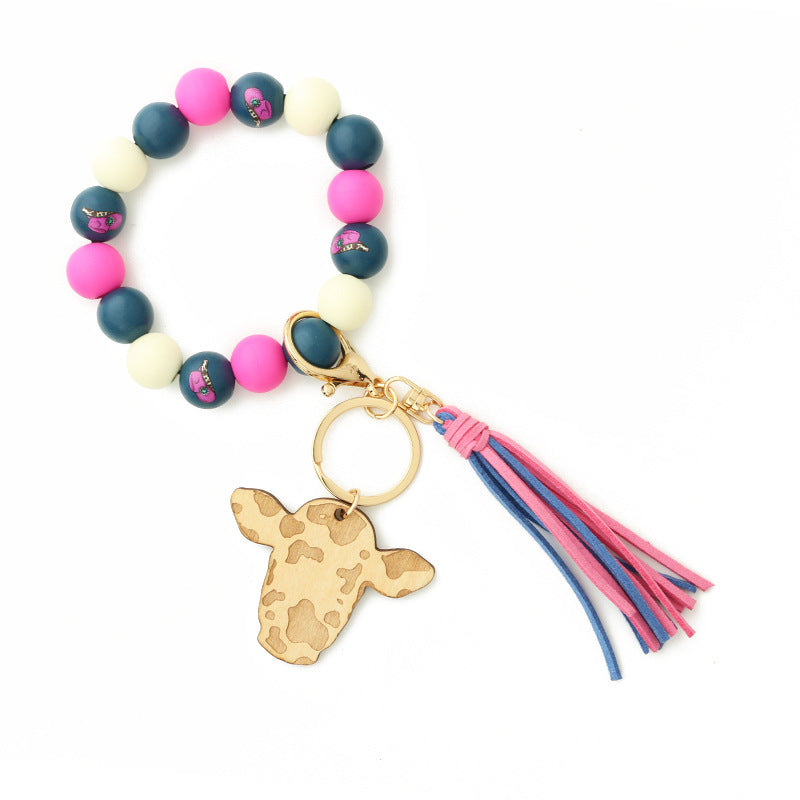 Keychains Bull Head Tassel Pendant Western Cowboy Cow Wooden Beads Bracelet MIC-NuoYi022