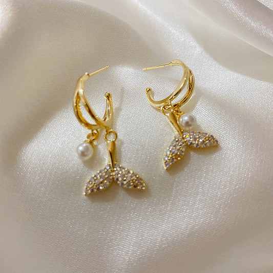 Alloy zircon pearl fish tail earrings MIC-ShunM002