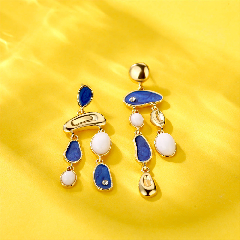 Alloy Asymmetric Blue Oil Dropping Earrings (Minimo de compra 3) MIC-YiD008