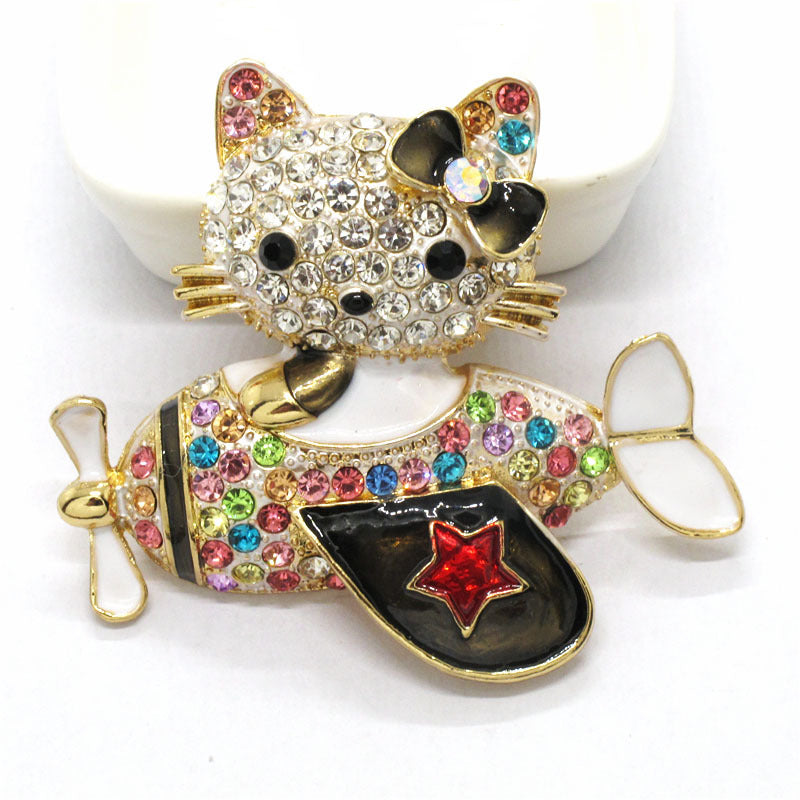 Cartoon aircraft with diamond kitten keychain  (Minimo de compra 2) MIC-ChaoK001