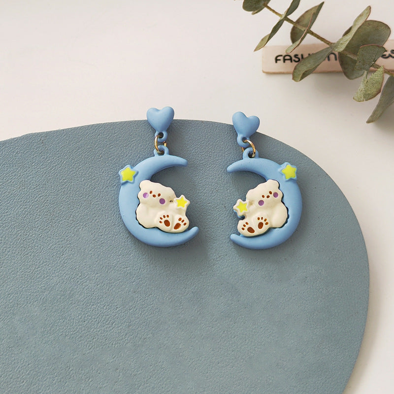 Alloy Blue Love Moon Bear Earrings MIC-BLD033