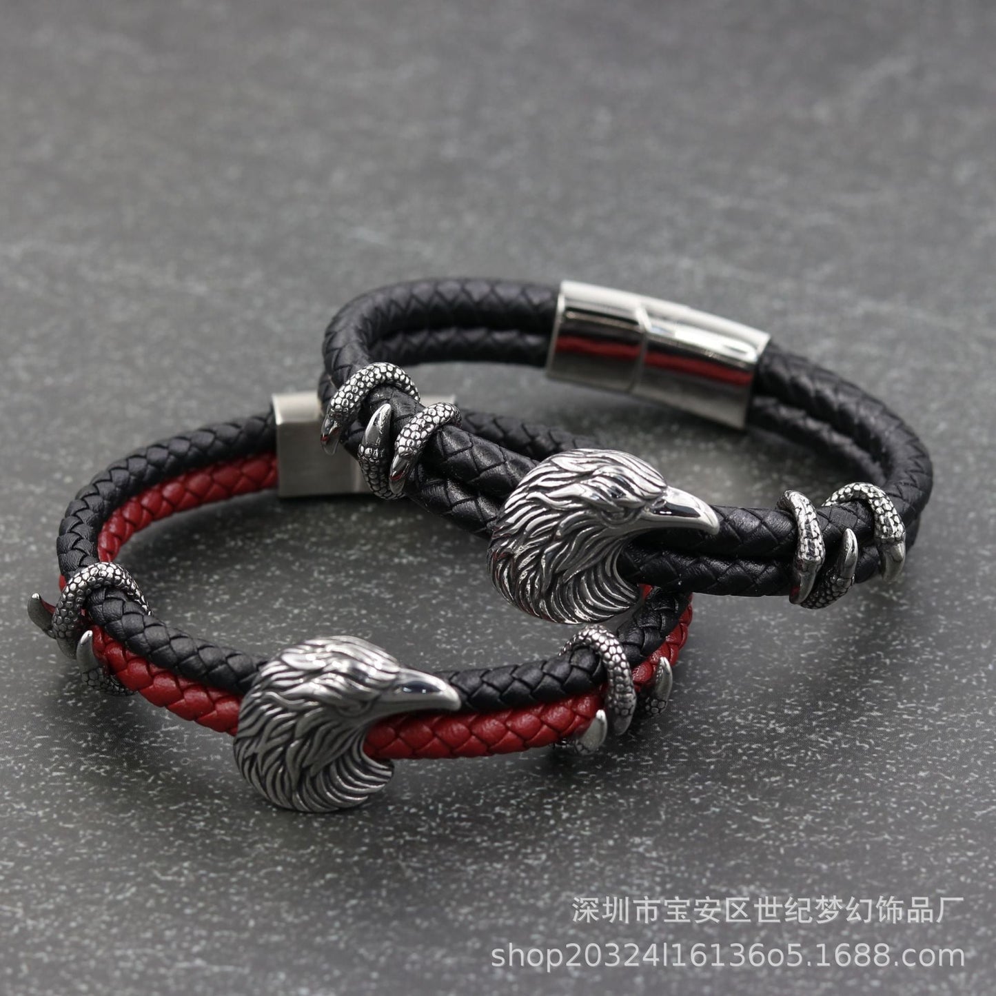 Bracelet Stainless Steel Eagle Head Braided Leather Cord SJMH004