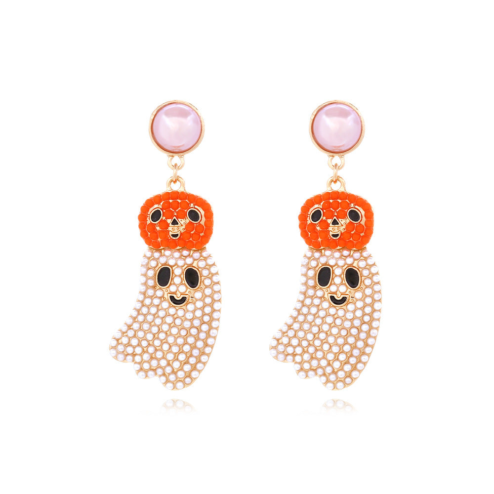 Alloy inlaid imitation pearl pumpkin ghost earrings MIC-ManY048