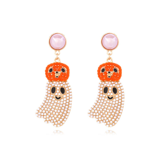 Alloy inlaid imitation pearl pumpkin ghost earrings MIC-ManY048